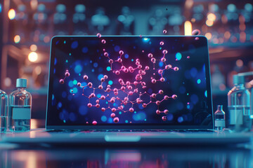 Advanced 3D molecular structures displayed on a laptop screen inside a futuristic laboratory setting - obrazy, fototapety, plakaty