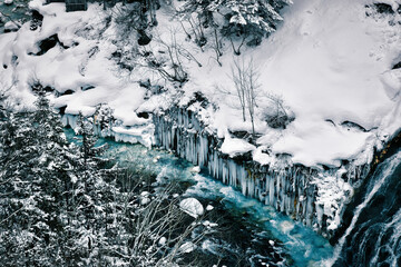 Blue River White Snow contrast background Biei Japan nature cold water winter
