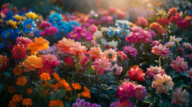 A vibrant garden bursting with blooming flowers of every color