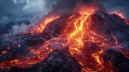 Lava Flow, volcano eruption. - obrazy, fototapety, plakaty