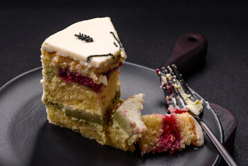 Delicious sweet dessert cheesecake with raspberry and pistachio flavor