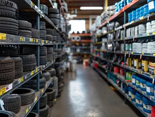 Fotobehang A tire store with many different types of tires on the shelves. The store is well organized and clean © MaxK