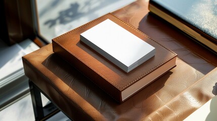 Mockup of a business card on a leather desk organizer.