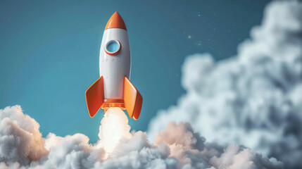 Illustration of a stylized rocket ship blasting off through fluffy clouds with sparkles and bokeh effects.