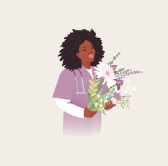 Beautiful young afro american nurse holding a bouquet of flowers. Nurse, Medical Worker day concept. Vector illustration.