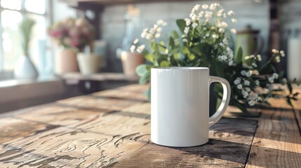 a coffee mug on a rustic wooden table.