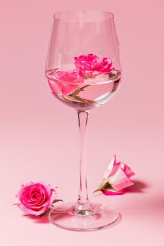 Wine glass is filled with beautiful roses on light pink background. Minimal fashion spring concept. Invitation, card, banner.