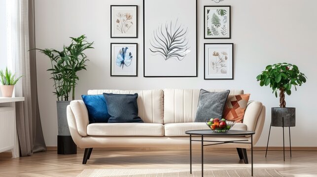 A Living Room Oasis Featuring Posters on a Pristine White Wall, Complemented by a Beige Sofa and Ficus