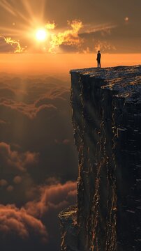 Compose a haunting sonnet inspired by the image of a lone figure standing on the edge of a cliff