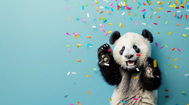 Charming Panda in Celebrating party with Confetti on blue background
