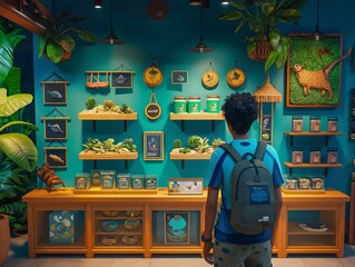A boy is looking at a display of fish tanks in a store. The store is decorated with green plants and has a tropical theme