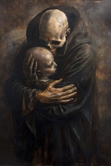 Craft a poignant oil painting in the style of Caravaggio, portraying Death in a rare moment of vulnerability as he cradles a human infant in his arms. Render Death