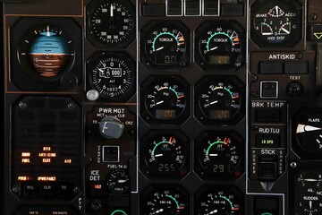 Closeup of a dashboard of an airplane