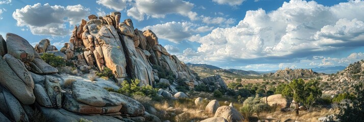 Granite Mountain: Majestic Blue Cliff and Boulder Formation amidst Cloudy Forest - obrazy, fototapety, plakaty