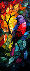 Colorful stained-glass bird on a tree branch. Abstract background.