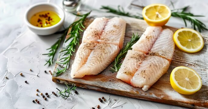A Succulent Fish Fillet Amidst Rosemary, Spices, and Lemon Slices on a Wooden Cutting Board