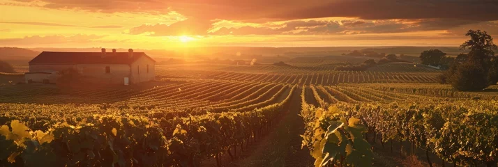 Fotobehang Bordeaux Wine at Sunset. Scenic Vineyard Landscape in France with Dusky Sky and Farming Fields in the Background © Web
