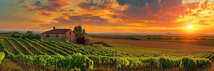 Bordeaux Wine Delight: A Captivating Sunset Landscape of Vineyards in France's Countryside - obrazy, fototapety, plakaty