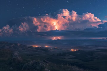 A dramatic cloud filled with lightning is seen in the sky, illuminating the night over a distant mountain range