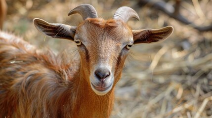 Fototapeta premium Brown Goat Grazing in Farm. Rural Agriculture Nature Pasture, Farm Animal in Village Mammal
