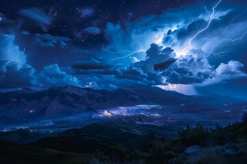 A painting depicting a dramatic lightning storm in a night sky filled with clouds over a mountain range