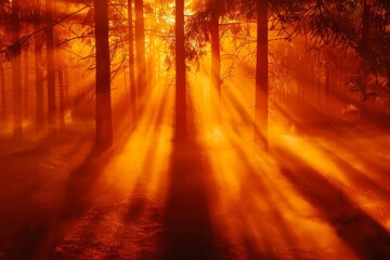 Fiery sunrise casting long shadows as sunlight filters through dense trees in the mist-covered forest