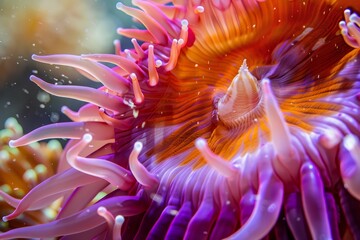 A colorful sea anemone in the water, with waving tentacles providing shelter for small fish