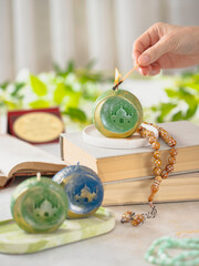 Natural wax candle, Eid Mubarak, Ramadan gifts. Selective focus