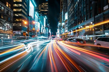 A busy urban street at night filled with rapidly moving traffic, captured in a dramatic long exposure shot with streaking car headlights and taillights