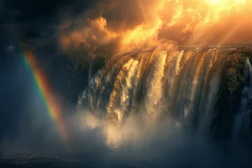 Foto op Canvas A rainbow forms over a cascading waterfall as mist rises from the turbulent waters below © Ilia Nesolenyi
