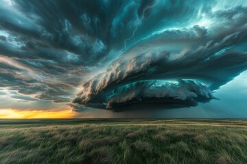 A very large, dark cloud hovering in the sky, potentially signaling an approaching storm with streaks of lightning - obrazy, fototapety, plakaty