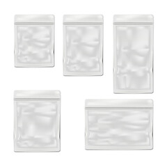 Blank white sachet packet with zip lock and tear notches. Vector mockup set. Zipper plastic pouch individual package for cosmetic, medical or food product mock-up kit. Template for design - 769727482