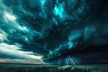 Dark storm clouds gathering over a vast field, with streaks of lightning in the distance, signaling an impending storm - obrazy, fototapety, plakaty