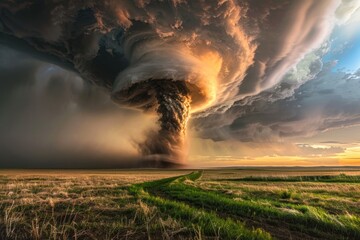 A powerful tornado swirls across a vast plain, depicting the ominous beauty and raw energy of natures force