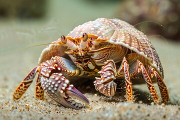 Detailed macro shot of a hermit crab showcasing intricate shell details as it scuttles across the sandy shore