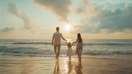 Fototapeta premium Family Travel Lifestyle Parenting and Bonding Concept, Summer Vacation Advertising, Happy Family Walking on Beach