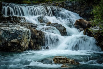 Grizzly Bears Fishing on Waterfall. Alaskan Wildlife with Long Exposure in Sparkling Water