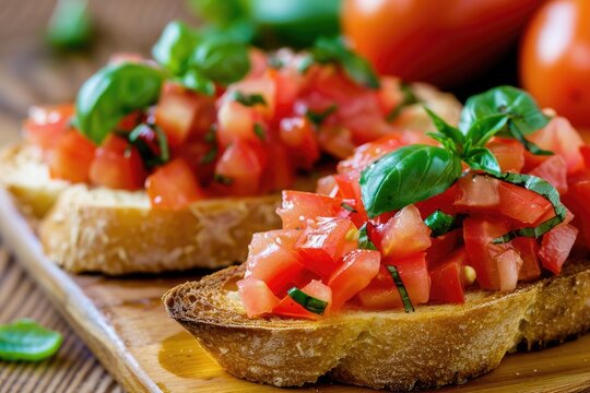 Homemade Italian Bruschetta - Delicious Antipasto Snack of Toasted Bread Topped with Fresh Tomatoes, Basil and More. Perfect for Vegetarians