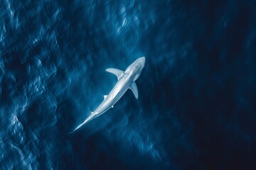 Overhead shot of a solitary shark gliding gracefully through deep blue waters, showcasing its power...