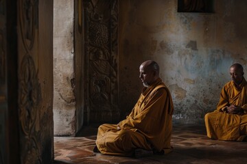 Two monks in traditional robes sitting cross-legged on the floor in a room - Powered by Adobe