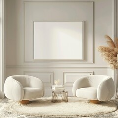 Living Room Seating Area with Beige Seats, Empty Frame, and Canvas Poster on Wall - Interior Arrangement with Copy Space