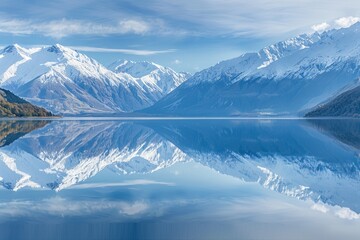 A large body of water surrounded by towering mountains covered in snow, with the peaks mirrored in the calm lake below