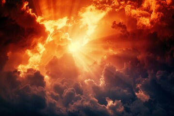 Sunlight breaks through dark storm clouds in the sky, symbolizing hope and promise - obrazy, fototapety, plakaty
