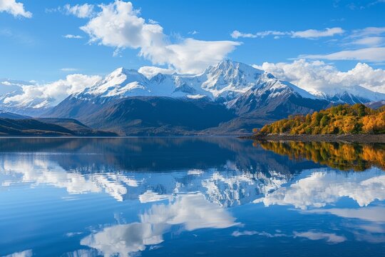 Snowcapped mountain range reflected in calm lake water, creating a mirror image of the peaks