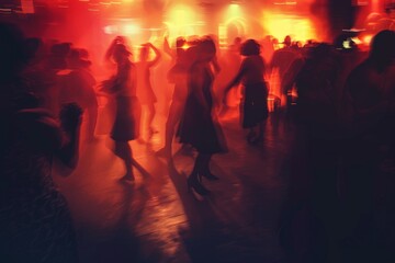 Silhouettes of people dancing in a crowded nightclub, enveloped by pulsating lights, creating an exhilarating atmosphere