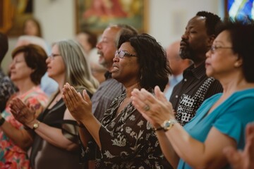 A diverse group of individuals standing in a room, clapping and showing appreciation for a shared activity or event - obrazy, fototapety, plakaty