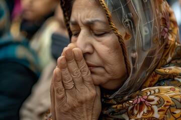 A woman in a veil is praying among a crowd of people - obrazy, fototapety, plakaty