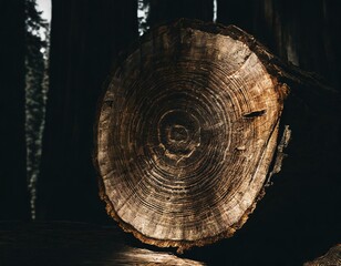 A detailed image of a sequoia tree cross-section, with rings that extend wide, showcasing the immense age and history of one of nature's giants, the texture rich and deep.