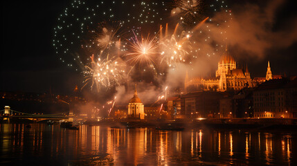 Fototapeta na wymiar Fireworks in Budapest, generative Ai