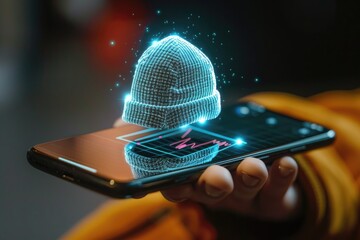Hand and mobile phone in view, augmented reality shopping app revealing a holographic beanie hovering in space , 3D illustration